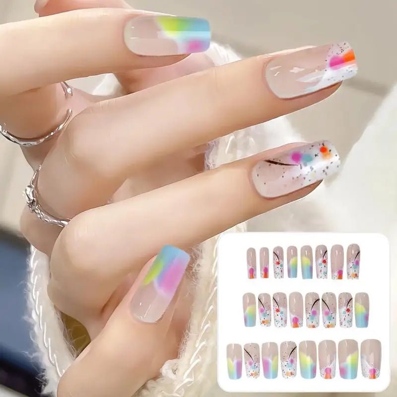 Square Press on Nails Cute Medium Acrylic Fake Nail with Jelly Glue Stick on Nails Full Cover 24Pcs Colorful Gradient False Nail - Paola Center