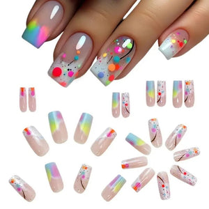 Square Press on Nails Cute Medium Acrylic Fake Nail with Jelly Glue Stick on Nails Full Cover 24Pcs Colorful Gradient False Nail - Paola Center
