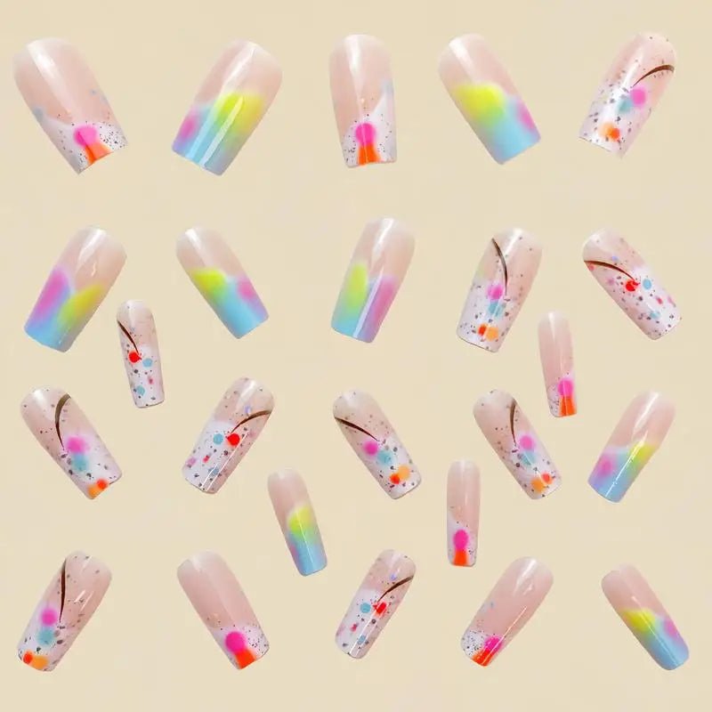 Square Press on Nails Cute Medium Acrylic Fake Nail with Jelly Glue Stick on Nails Full Cover 24Pcs Colorful Gradient False Nail - Paola Center