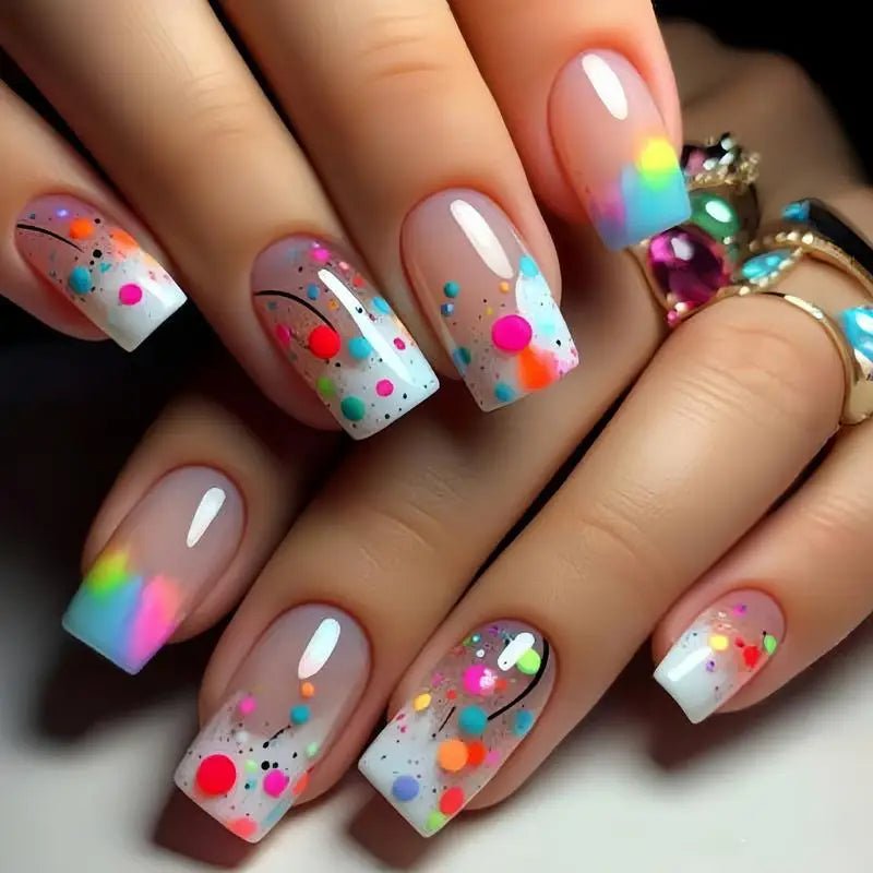 Square Press on Nails Cute Medium Acrylic Fake Nail with Jelly Glue Stick on Nails Full Cover 24Pcs Colorful Gradient False Nail - Paola Center