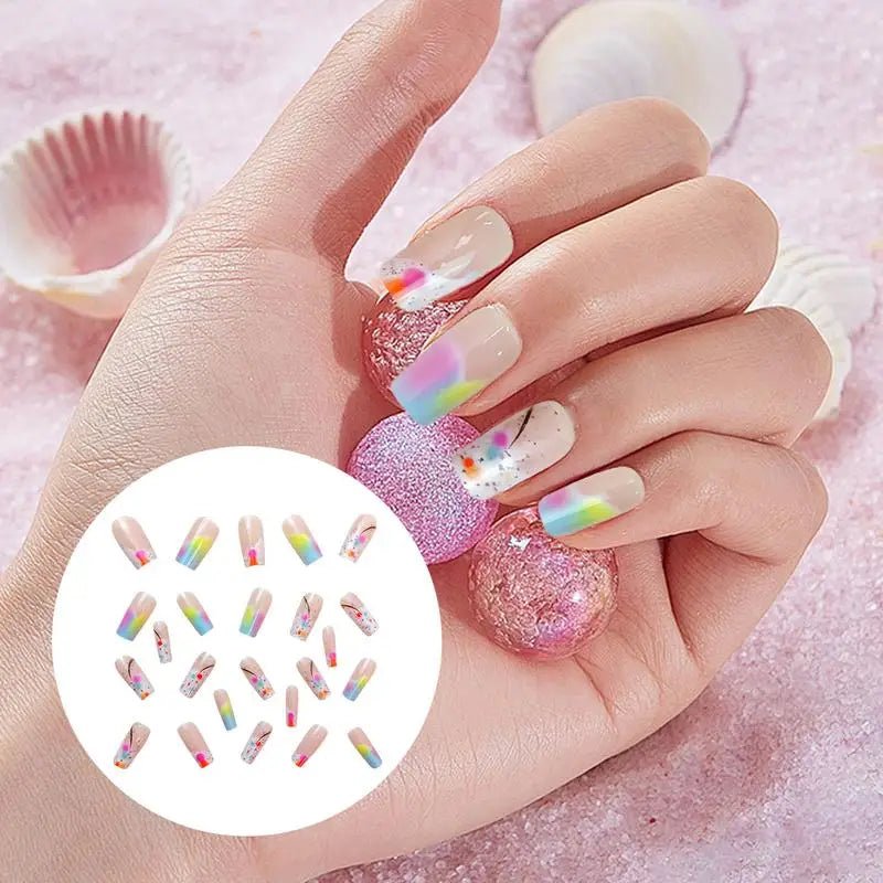 Square Press on Nails Cute Medium Acrylic Fake Nail with Jelly Glue Stick on Nails Full Cover 24Pcs Colorful Gradient False Nail - Paola Center