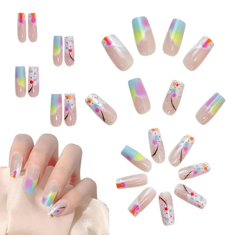 Square Press on Nails Cute Medium Acrylic Fake Nail with Jelly Glue Stick on Nails Full Cover 24Pcs Colorful Gradient False Nail - Paola Center