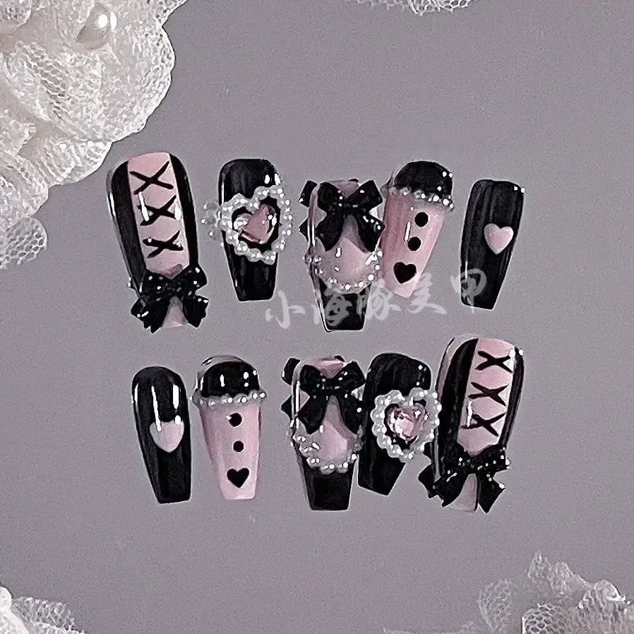 Sweet Cool Style Babes Lace Bow Nail Patch Handmade Fake Nails Stickers Wearing Nail Piece Finished Product Detachable - Paola Center