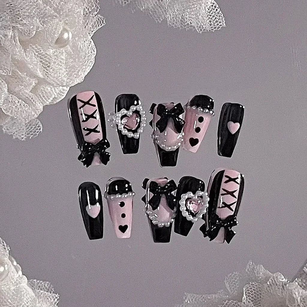 Sweet Cool Style Babes Lace Bow Nail Patch Handmade Fake Nails Stickers Wearing Nail Piece Finished Product Detachable - Paola Center