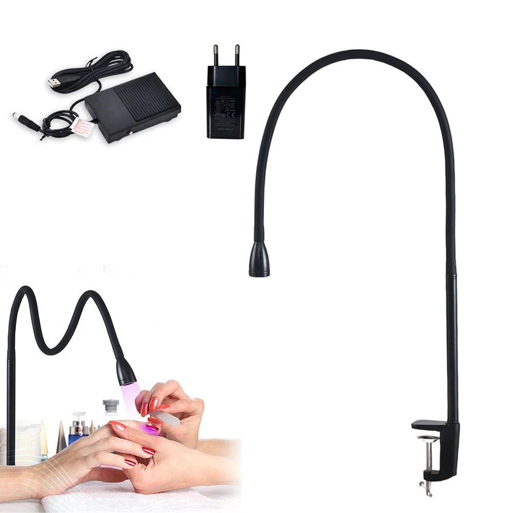 Paola Center black UV nail lamp desk mount with flexible gooseneck and clamp for hands-free nail curing