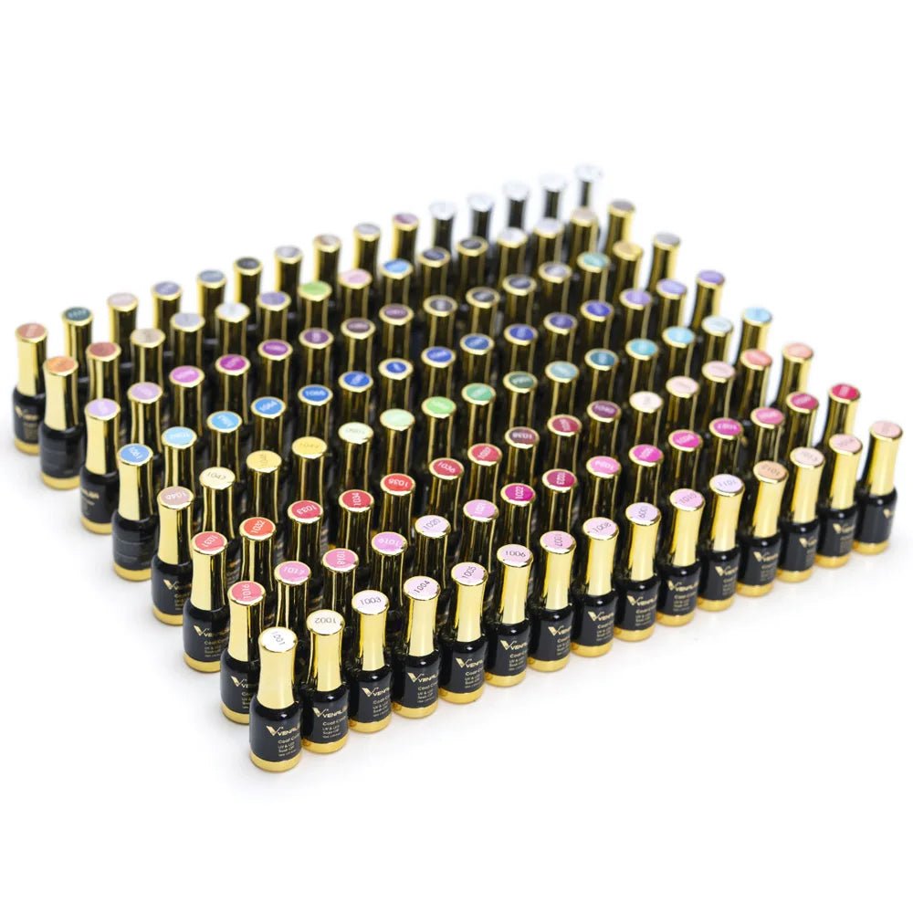 Paola Center Venalisa gel polish set featuring multiple colorful gel nail polish bottles with gold caps