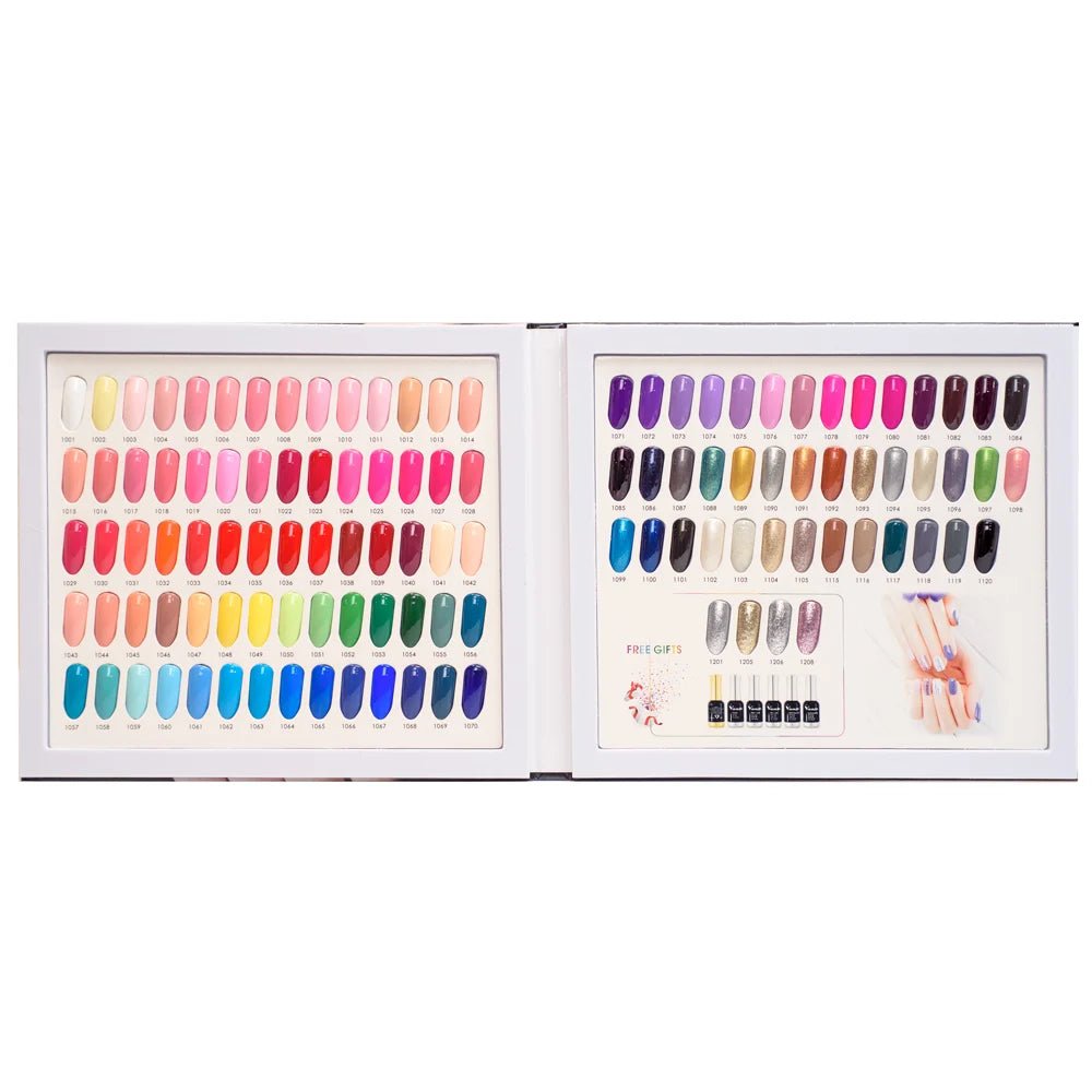 Paola Center Venalisa gel polish set displaying a wide range of vibrant nail colors in a sample book