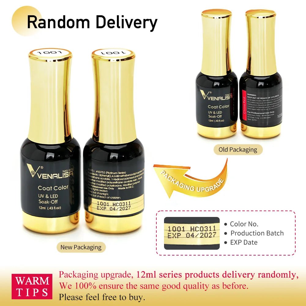 Venalisa gel polish set with new and old packaging showing black and gold bottles for UV LED soak-off nail color