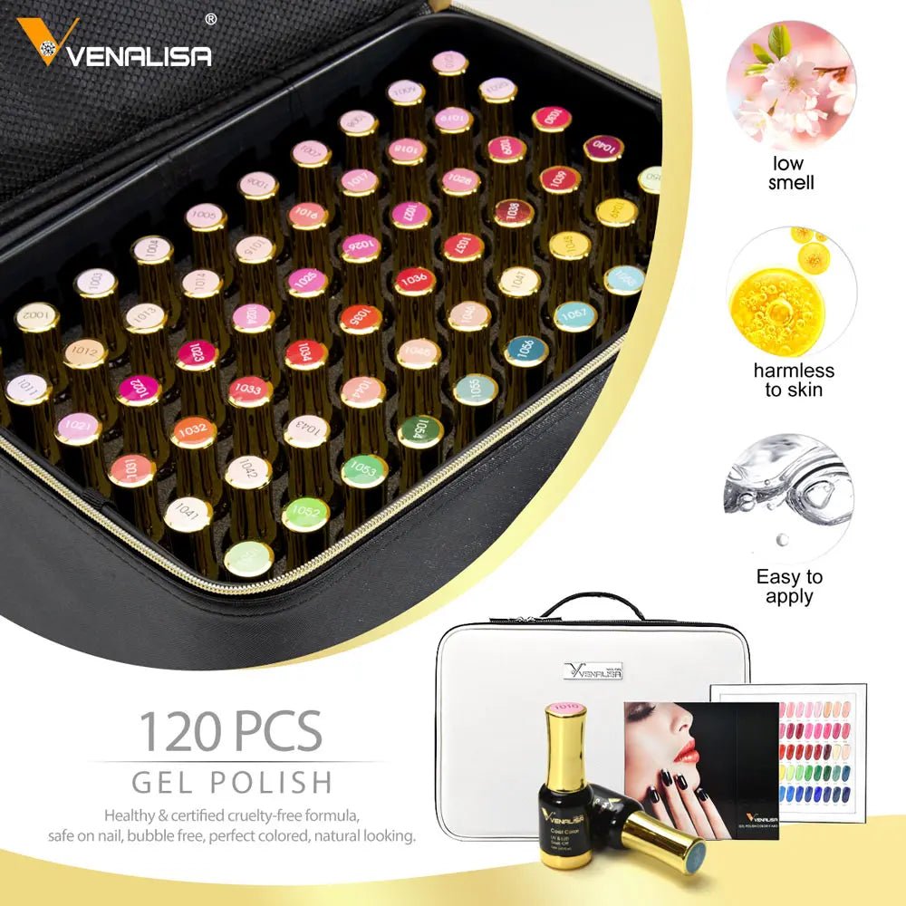 Venalisa gel polish set with 120 colorful gel polish bottles in a black case by Paola Center
