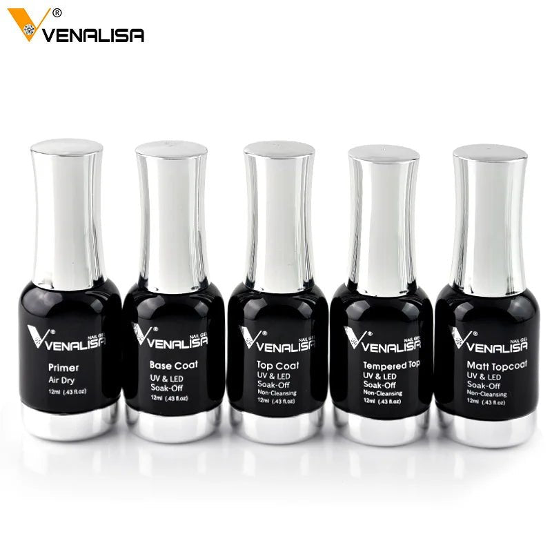 Venalisa gel polish set with primer, base coat, top coat, tempered top, and matt topcoat bottles