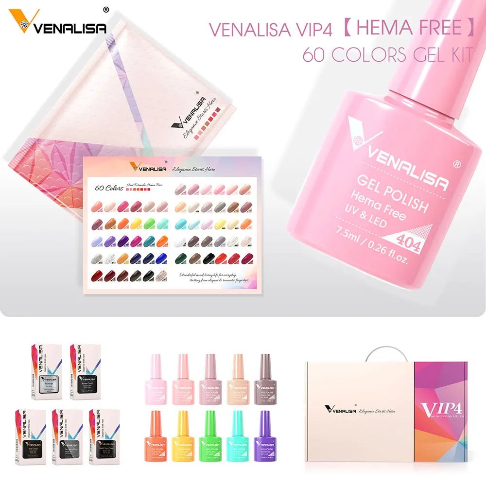 Venalisa long-lasting nail polish set with 60 vibrant gel colors and Hema free formula