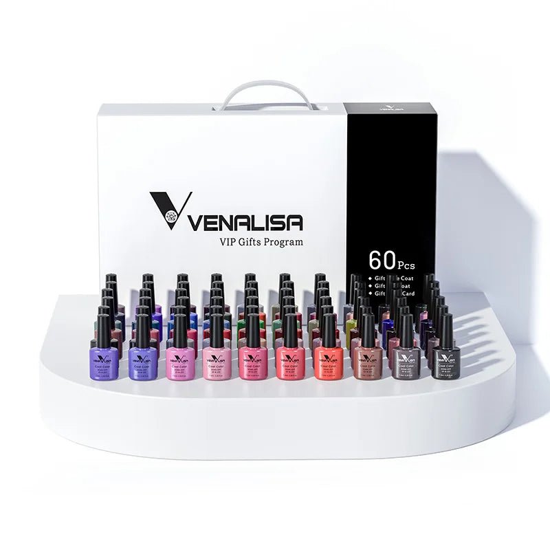 Paola Center long-lasting nail polish set with 60 vibrant colors in a white and black gift box