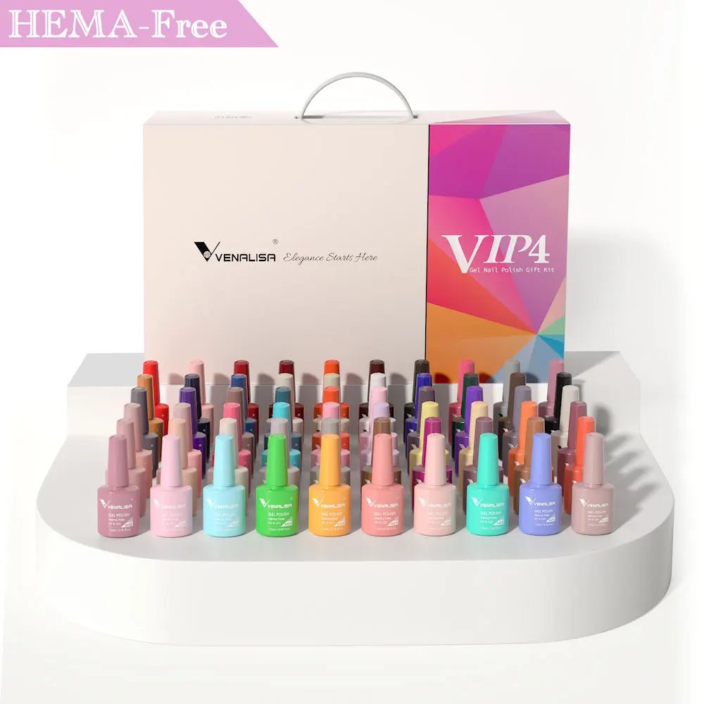 Long-lasting nail polish set by Paola Center with multiple colorful shades and HEMA-free formula