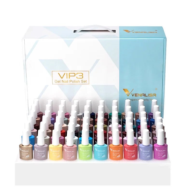 Paola Center long-lasting nail polish set with multiple colorful gel nail polish bottles in a VIP3 box