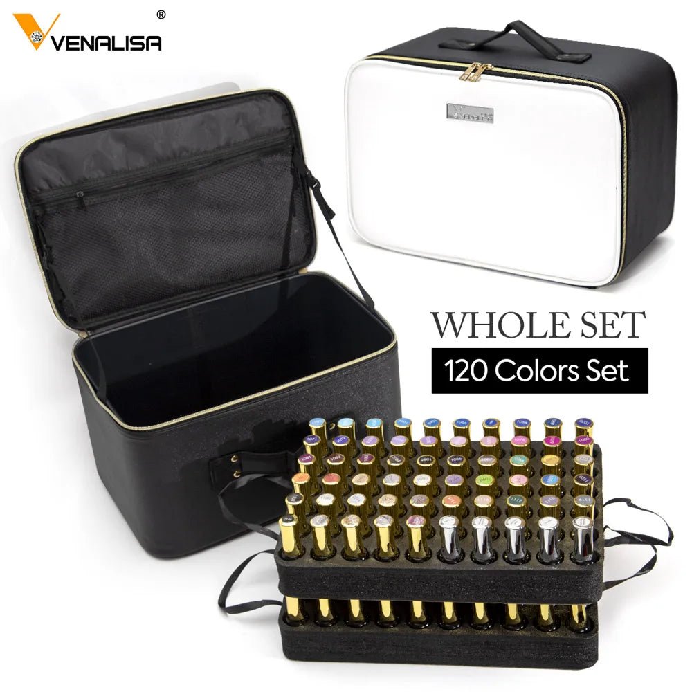 Black and white cosmetic case containing 120 luxury nails colors for fancy nails designs