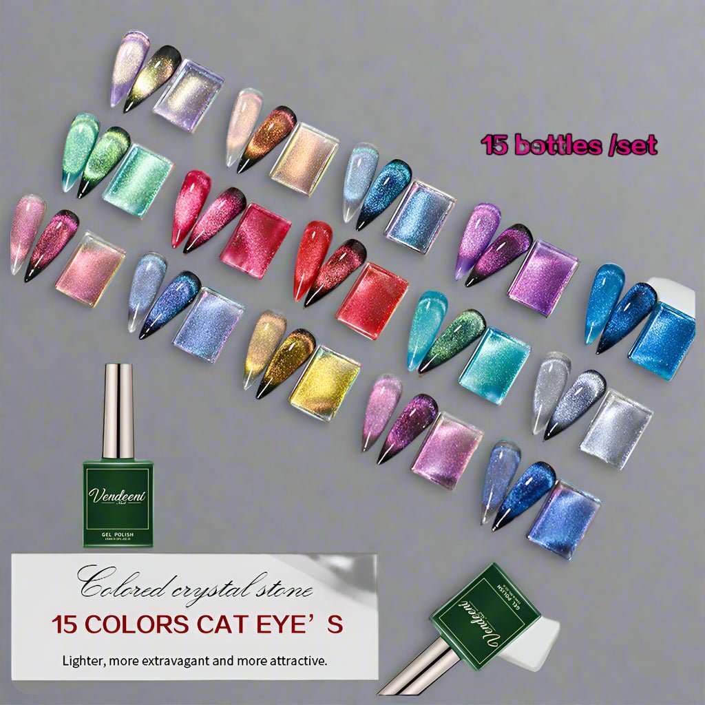 Vendeeni 15 Colors/set Colourful Crystal Aurora Cat Eye Gel Nail Polish Magnetic Gel Varnish UV LED Soak Off Gel Lacquer - Paola Center