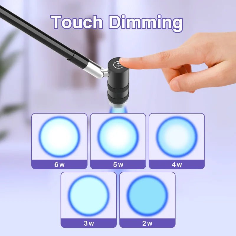 Paola Center fast nail dryer lamp with touch dimming feature showing adjustable light levels from 2 to 6 watts