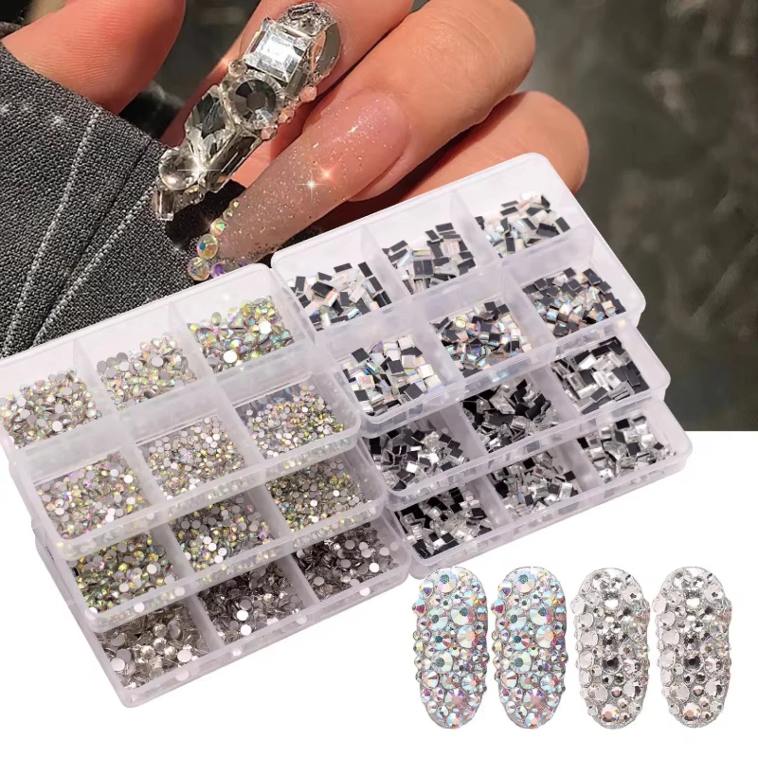 Wholesale 6 Grid Nail Rhinestones Kit Round Crystals Multi Shapes Glass Nail Rhinestones And Nail Charm - Paola Center