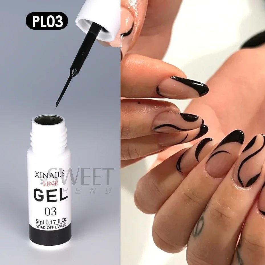 Luxury nails featuring fancy nails with elegant black designs, paired with Xina Nails Gel Polish in 5ml.