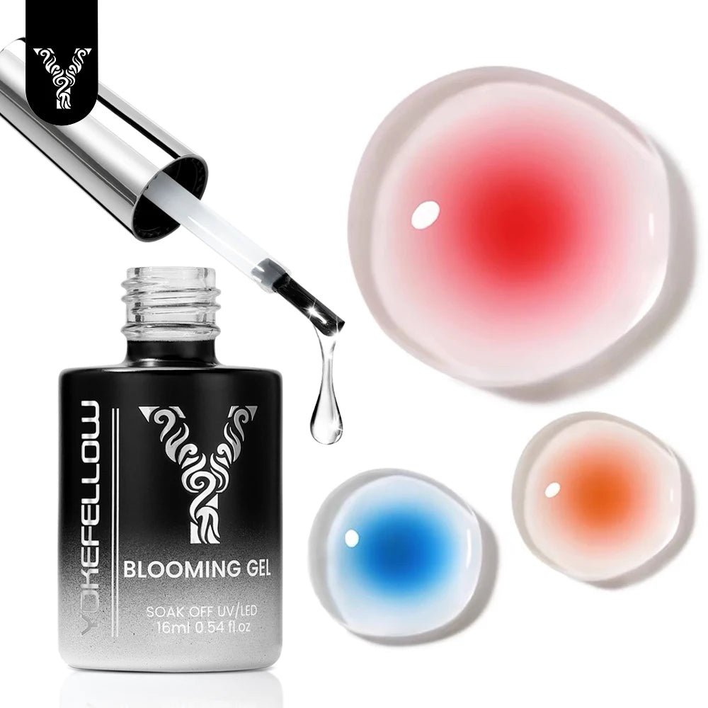 Paola Center gel nail polish bottle with applicator brush and colorful gel drops in red, blue, and orange