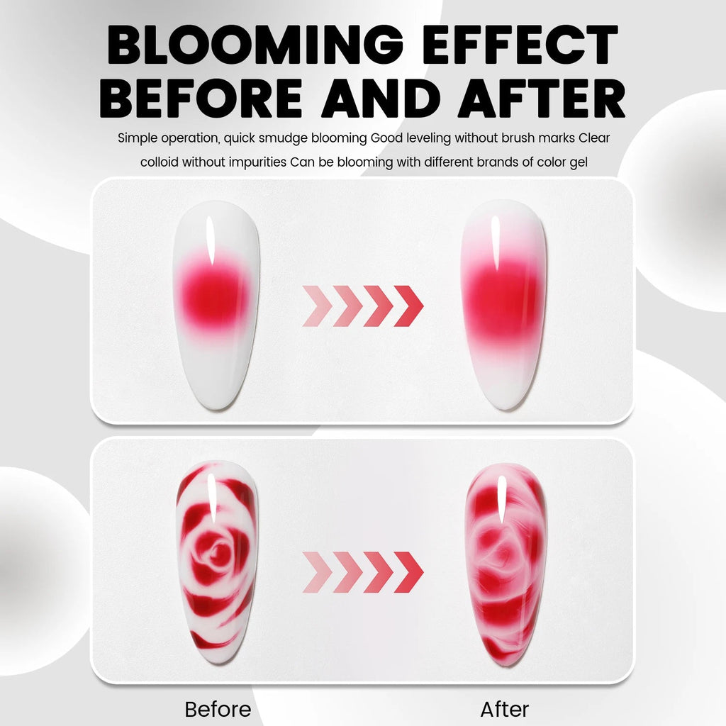 Luxury nails blooming effect demonstration showing before and after nail art results with Hailey Bieber nails style